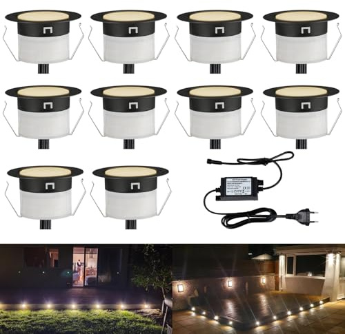 INDARUN 10er Set LED Bodeneinbauleuchten Aussen Warmweiß Ø45mm Terrasse Einbaustrahler Led Terrassenbeleuchtung 12v, IP67 Wasserdicht mini LED spot Boden Licht für Küche Garten Treppen