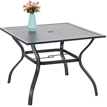 PHI VILLA Garden Table 94 * 94cm Outdoor Dining Table | Steel Frame and Parasol Hole Square Patio Table Maintenance Free (Black)
