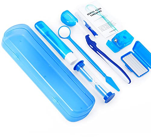 Annhua Braces Cleaning Kit 8 Pack, Orthodontic Travel Dental Care Set with Interdental Brushes, Brace Wax, Floss Threader, Oral Mirror & Timer - Portable for Teeth Aligners, Retainers - Blue