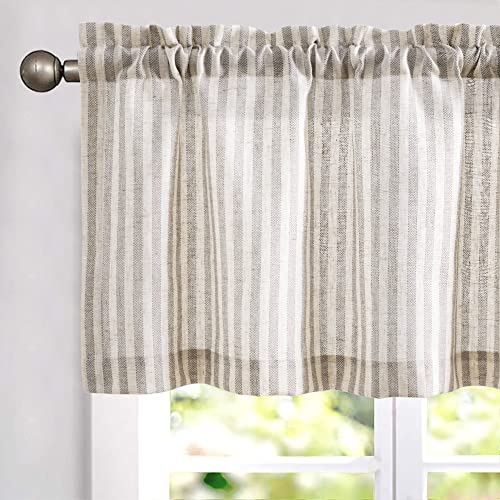 TOPICK 1 Stück H 40 x B 125 (cm) Scheibengardine modern Gestreift Leinen Gardinen mit Streifen Küchenvorhang Blickdicht Kurz Küchengardinen für Küchen lichtdurchlässig Klein Gardine Taupe auf Beige