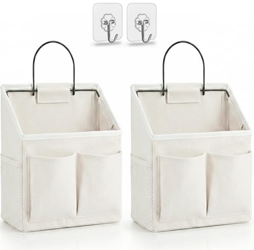 Kanrichu 2pcs Wall Hanging Organizer Bag, Linen Fabric Door Hanging Storage Basket with Pockets, Waterproof Bin for Kitchen, Bedroom, Office, RV Camper (White-Upgraded)