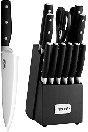 hecef Cuchillos Cocina Profesional 14 pzas | Juego de cuchillos de cocina y soporte | Acero Inoxidable Set Cuchillos Cocina con Afilador, Bloque de cuchillos, Bloque de madera (Negro)