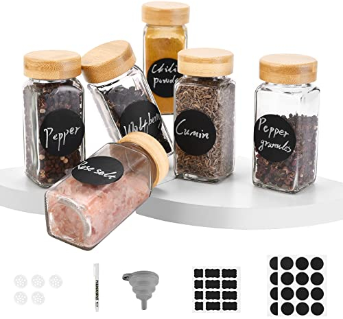 elagel Gewürzgläser Eckig mit Streueinsatz - 6er Set 120ml Gewürzdosen Hochwertigem Holzdeckel aus Bambus Gewürzgläser - Gewürzstreuer Glas mit Streuer-Aufsätze,Trichter,Etiketten- Spice Jars