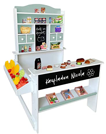 Coemo Kaufladen Nicola Kinder Kaufmannsladen aus Holz, Verkaufsstand Theke, Tafel, Seitentheke & Schublade Marktstand als tolles Geschenk, Grün