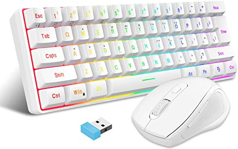 Snpurdiri Combo de teclado y mouse inalámbricos para juegos de 2.4 G, incluye un pequeño 60% de tacto comercial, diseño ergonómico, mini mouse inalámbrico (blanco)