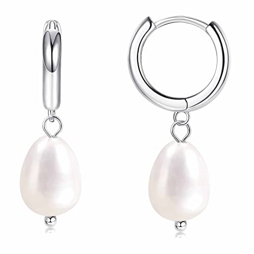 ORAZIO Sterling Silber 925 Ohrringe mit Barock Süßwasser Perle - Tropfen Dangle Creolen in Rosegold für Damen - Feiner Hängend Perlen Schmuck
