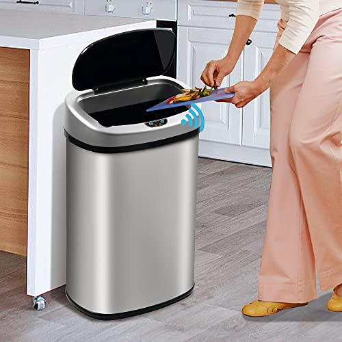 Kitchen Trash Can, 13 Gallon Automatic Gabage Can with Lid and Motion Sensor for Kitchen Home Office Bedroom Bathroom Living Room, Kitchen Garbage Can Touchless Trashcans Stainless Steel Can