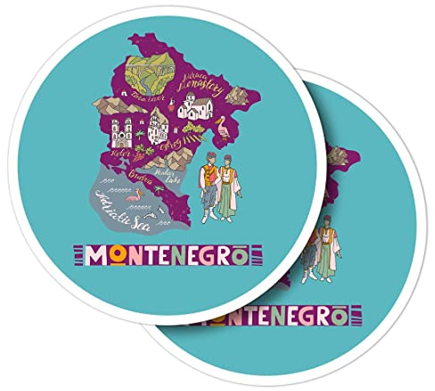 Vinyl Round Stickers (Set of 2) 10cm - Map Montenegro Attractions Turquoise for Laptops, Tablets, Luggage, Scrap Booking, Fridges #61049