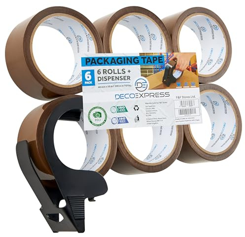 DECO EXPRESS Paketklebeband mit Abroller Set, Paketbandabroller und Rollen Paketklebeband zum Verpacken Extra Strong PVC-Klebebändern (Kleiner Spender Braun)