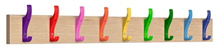 Toughook PerfectFit Hook Rail for Bag, Coat, Hat, Keys, Scarf - Wall Mounted Oak Laminate Rack - Ideal for Schools, Home and Work (9 Hook Rainbow)