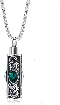 Epinki Edelstahl Ketten Männer, Urne Ashes Anhänger Zylinder Erbskette mit Funkelndem Grün Zirkonia, Silber Halskette Kette für Herren Schmuck 60CM