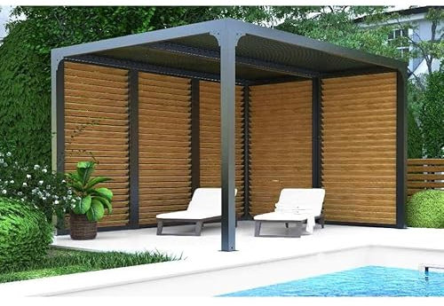 Pergola bioclimatique Habrita Foresta PER36VB30VBBI 2 côtés à ventelles amovibles imitation bois 10,80m2 gris anthracite
