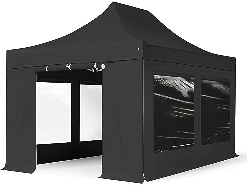 TOOLPORT Faltzelt Professional 3x4,5 m Faltpavillon mit Seitenteilen (Panoramafenster) ALU Pavillon Partyzelt schwer entflammbar schwarz