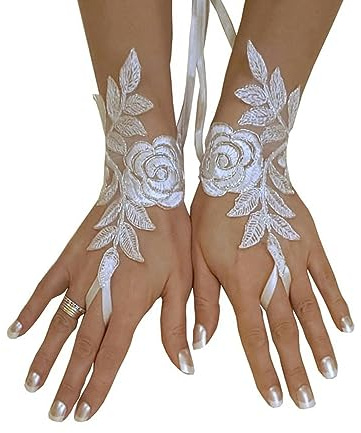 WILsem Guantes suaves para mujer, encaje blanco corto, red sin dedos, gótico, vestido elegante, accesorios de boda