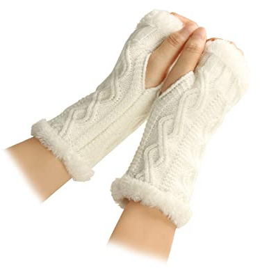 Feelorna Guantes de punto sin dedos para mujer, guantes de invierno de felpa, con puños, guantes más cálidos con orificio para el pulgar, Blanco, Talla única