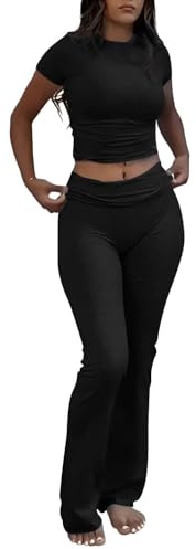 AYWA Women's 2 Piece Lounge Sets Short Sleeve Crop Top Foldover Flare Pants Casual Pajama Outfits (Black, Medium)