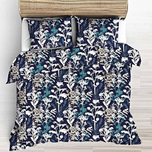 Textrend Baumwollstoff Stoffe Meterware - Stoff zum Nähen - 100% Baumwolle - Blumenmuster - Textilien 1x2.2m (Weiße und beige Sträucher auf dunkelblauem Hintergrund)