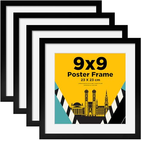 Egofine Cornice portafoto 23 x 23 cm, in legno con vetro acrilico, cornice in MDF, set da 4 pezzi, passepartout per foto 18 x 18 cm, cornice quadrata per decorazione da parete o tavolo, colore nero