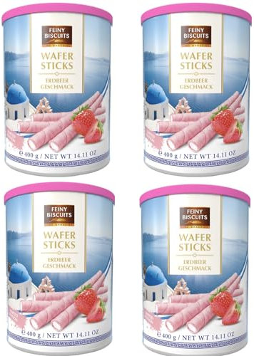 Feiny Biscuits Wafer Sticks Erdbeer- Geschmack Waffelröllchen Erdbeergeschmackcreme Vorteilspackung 4 x 400g