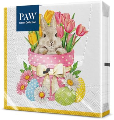 PAW Servietten 33 x 33 cm, 20 Stück - Blumenhase | Dreilagig, saugstark und reißfest, österliche Tischdeko für Ostern und Frühlingsbrunch, bringt Osterstimmung an den Tisch