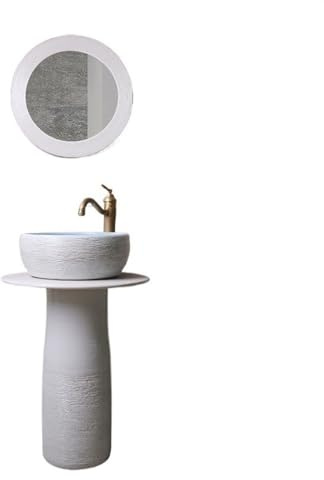 Lavabo su Colonna da Bagno in Ceramica con Rubinetto, Set di Scarico e Specchio - Piedistallo per Interni ed Esterni