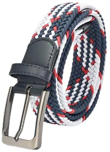 Uoocg Gürtel Unisex 3,4 cm – Elastischer Flechtgürtel aus Polyester, Dehnbarer Stoffgürtel für Damen & Herren, Adjustable Gürtel für Hosen & Röcke | Größen auswählbar | Blau-Weiß-Rot | 130cm