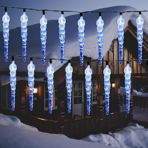 EONANT Luces solares de carámbanos navideños, impermeables al aire libre, 30 ledes, carámbanos colgantes, luces de Navidad para árboles, terraza, techo, vacaciones, decoración (azul)