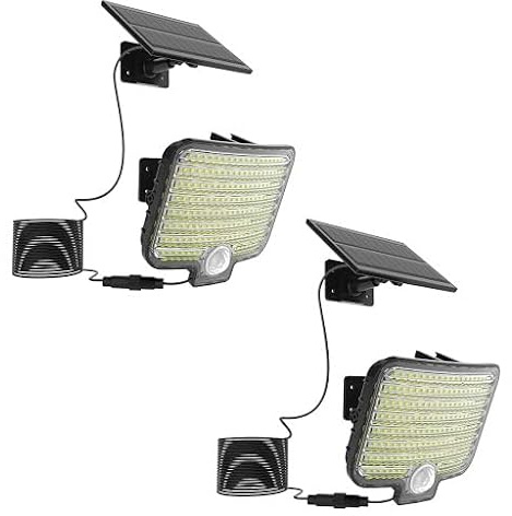 Lumisky BRIGHTLY - Lote de 2 focos solares LED potentes, iluminación blanca con detector de movimiento, orientables y panel solar deportado, ideal para jardín, terraza y exterior