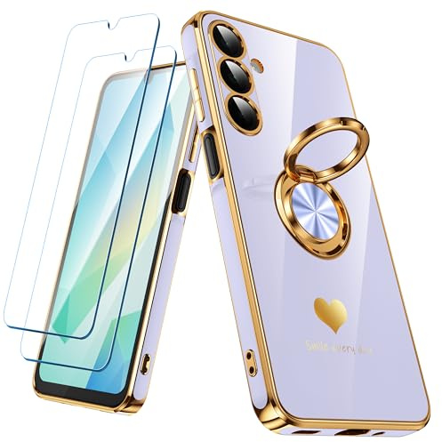 Nonional for Samsung Galaxy A16 5G/4G Case with 2 Pack Screen Protector, 360° Rotatable Ring Holder [Luxury Hearts Pattern] Plating Gold Edge Slim Soft Phone Cover Case for Galaxy A16 - Lavender