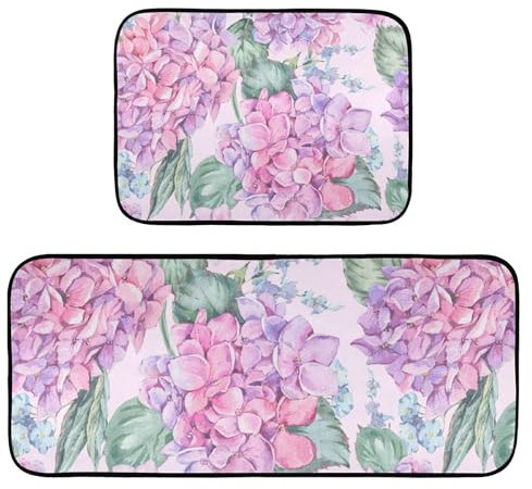 Küchenteppiche, 2 Stück, rutschfest, waschbar, romantische rosa Hortensien-Blume, Anti-Ermüdung, Bodenmatte, Stehmatte für Küche, Flur, Läufer Set