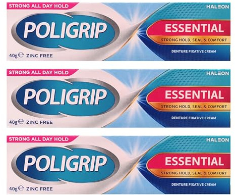Psalm 23, Poligrip Essential Denture Fixative Cream (3 x 40g) – Secure Hold, Zinc-Free Formula, Comfortable Adhesive for False Teeth – Updated Packaging