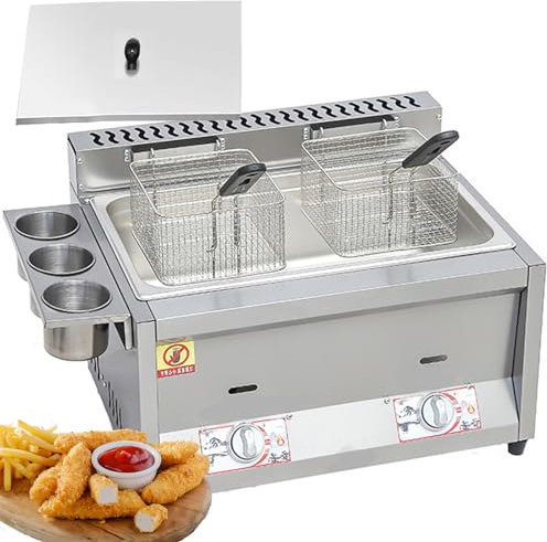 Friteuse à Gaz Professionnelle, Friteuse à gaz de grande capacité avec bac d'assaisonnement et paniers de friture, pour Famille Restaurant Commercial Frites,18L*1