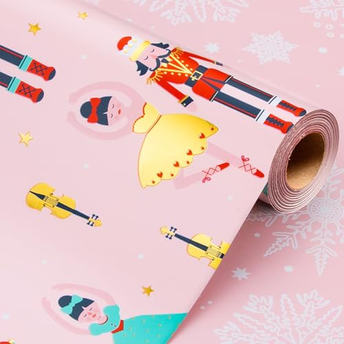 Wikadlik Rosa Weihnachts-Geschenkpapier – 43 cm x 10 m Metallic-Goldfolie Nussknacker Mädchen tanzende Geschenkverpackungspapier für Feiertage, Partys und Feiern