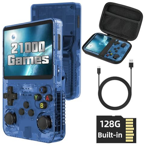 R36S - Console da gioco portatile, in stile retrò, integrata in sistema Open Source Linux, scheda TF 128 G, 20000 giochi, 30 emulatori, schermo IPS da 3,5 in, 3000 mAh con custodia