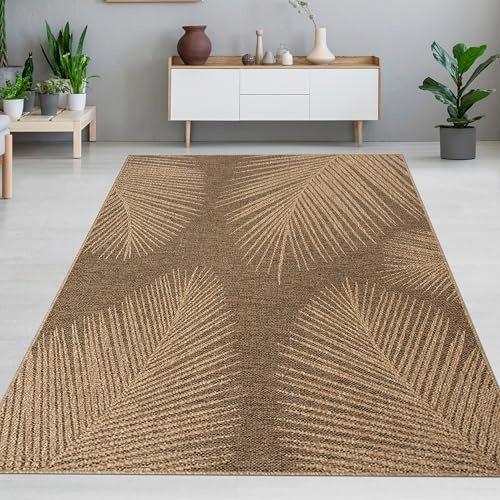 CARPETIA In- & Outdoor Teppich Palmenblätter Beige Braun 120x170 cm | Pflegeleicht, wetterfest, UV-beständig und schmutzabweisend, OEKO-TEX geprüft, für Balkon, Terrasse & Wohnräume