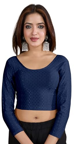 TRENDMALLS Dam Dobby ren bomull elastan töjbar färdig rund hals full längd ärm blus choli snygg sari blus redo att bära, Marinblå, L