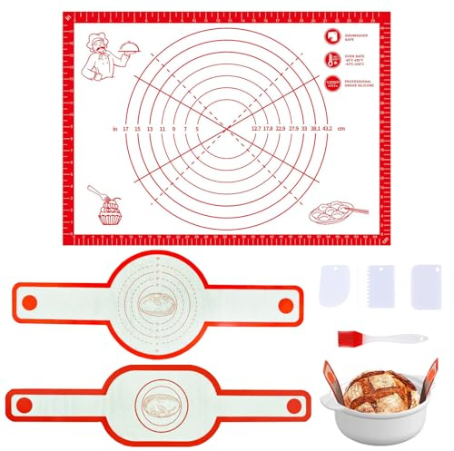 3 Stück Silikon Backmatten für Dutch Oven, Wiederverwendbare Backmatte Brot, Antihaftbeschichtet und leicht zu reinigen, Silikonmatte Backen mit Langen Griffen, 3 Teigschabern, 1 Ölpinsel