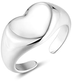 ALEXCRAFT Anillo Ancho Mujer Hombres Plata 925, Anillos de Sello Corazón, Anillo Abierto Ajustable, Grueso, Hipoalergénico, Grueso, Acero, Anillos Amistad Modo, Regalos de Joyería
