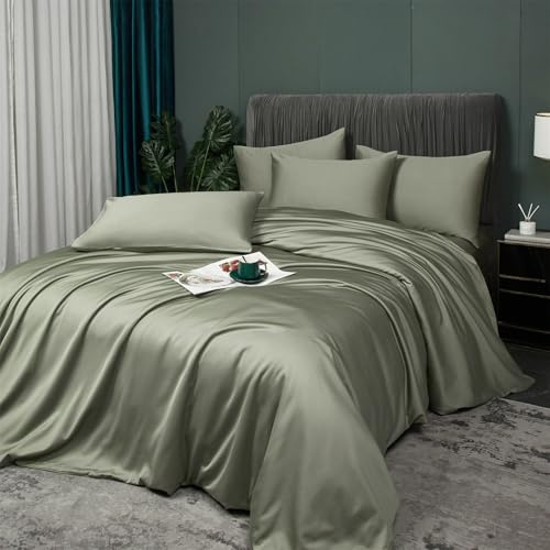Cooling Duvet Cover Twin Set Sage Green, 100% Viscose Derived from Bamboo, Summer Soft Breathable Rayon Bedding Set for Hot Sleepers, Luxury Luxurious Silky Smooth Comforter Cover for All Seasons