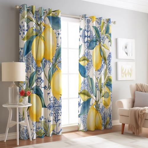 Generisch Vorhänge Blickdichte mit Ösen Gardinen 2er Set Zitrone Natur Zweige Verdunkelungsvorhang Gelb Thermovorhang Ösenvorhang Schiebevorhänge für Schlafzimmer Wohnzimmer 140 x 260 cm(B x H)