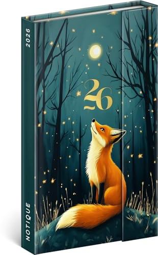 NOTIQUE fickkalender 2026 ca. A5 - Premium veckoplanerare med magnetisk stängning, 144 sidor möteskalender, inbunden bokkalender med månadsöversikt, mötesplanerare (räv)