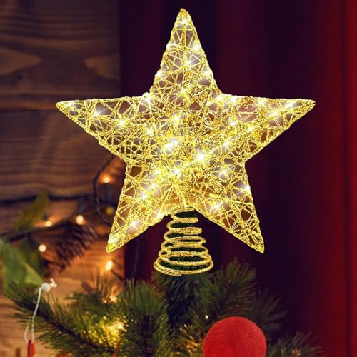 Estrella para Copa del Árbol de Navidad con Luz, Estrella Superior 10 Luces LED Estrella De áRbol De Navidad, Oro