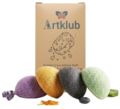 Konjac Facial Sponge Set – Organic Face Sponge for Exfoliating, Cleansing & Spa – Lavender, Turmeric, Charcoal & Aloe Vera Natural Konjac Sponges (Set of 4)