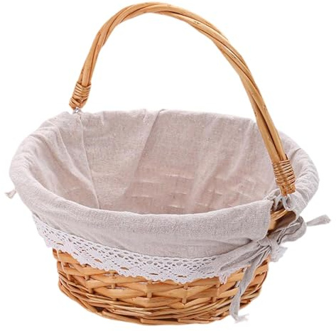 MFMEXUL Panier de Pique-Nique en Rotin Tressé à La Main, Accessoire de Pâques Robuste et avec Doublure en Lin, Multifonctionnel, Taille S Marron Clair