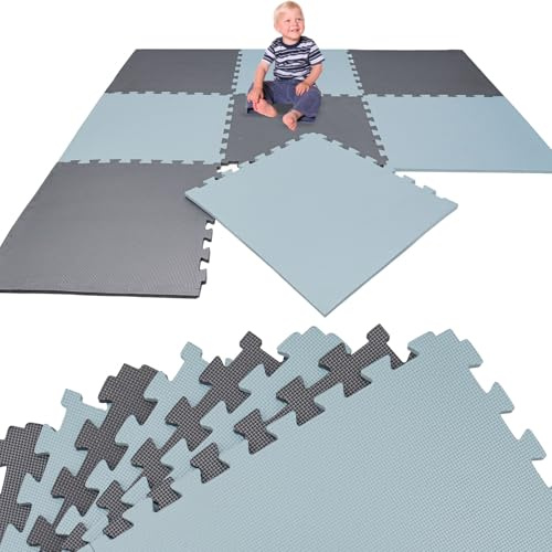 LittleTom Alfombra Puzzle Infantil Gris & Azul - 8 Piezas Encajables 50x50 cm - Colchoneta de Goma Espuma EVA 200x100 cm para Niños - Protector Suelo Acolchado sin BPA - Manta de Juegos Impermeable