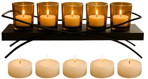 Black Iron Arch Tealight Votive Candle Holder, 5 Chunky Cups Centerpiece for Table Décor – Modern Metal Candle Stand for Weddings, Dining Room, Kitchen, Patio, and Coffee Table Decorations