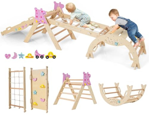 FANTASK 7 in 1 Klettergerüst Indoor, Kletterdreieck 4er Set mit Rutsche, Kletterbogen, Netz, inkl. doppelseitige Rampe, Baustein Set & 2 Autos, Einhorn Kletterdreieck Holz für Kinder ab 1 Jahr