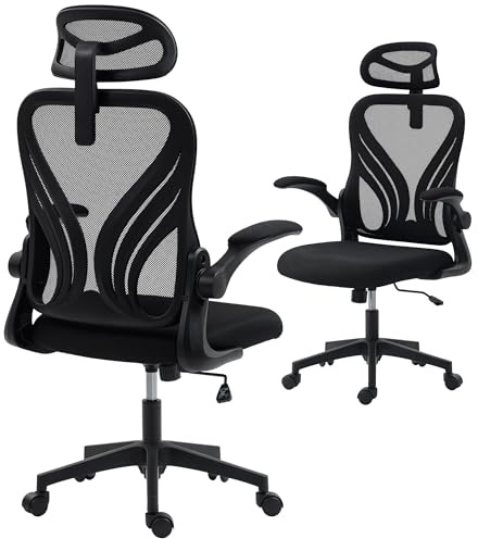 HOMCOM Sedia da Ufficio Ergonomica con Braccioli Ribaltabili e Schienale Pieghevole, Sedia per Scrivania con Funzione Dondolo, Poggiatesta Regolabile, Seduta Girevole, Nero