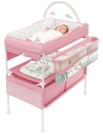 Faltbare Wickeltisch, Höhenverstellbarer Wickelstation mit Seitentaschen und 2 Abnehmbar Schubladen, Wickelkommode mit Sicherheitsgurt Wickelkombi Tragkraft 40 kg für Kinderzimmer (Rosa)
