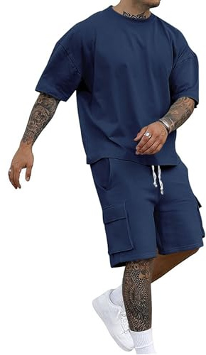 QUNERY Conjunto de Verano Hombre 2 Piezas Chándal Ropa de Calle de Verano Conjunto de Chandal Informal con Camiseta de Manga Corta y Pantalones Cortos Cargo